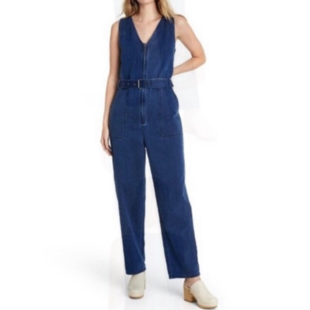 Sleeveless Indigo Denim Jumpsuit with Belt